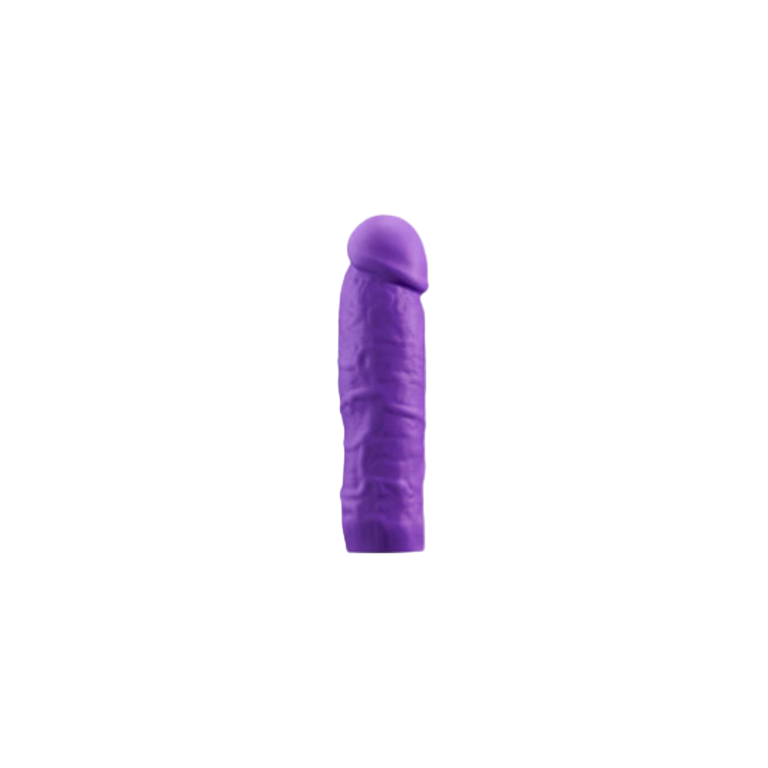 A purple vibrator with a realistic design, featuring detailed textures and a rounded tip. The vibrator is vertically oriented and set against a plain background.