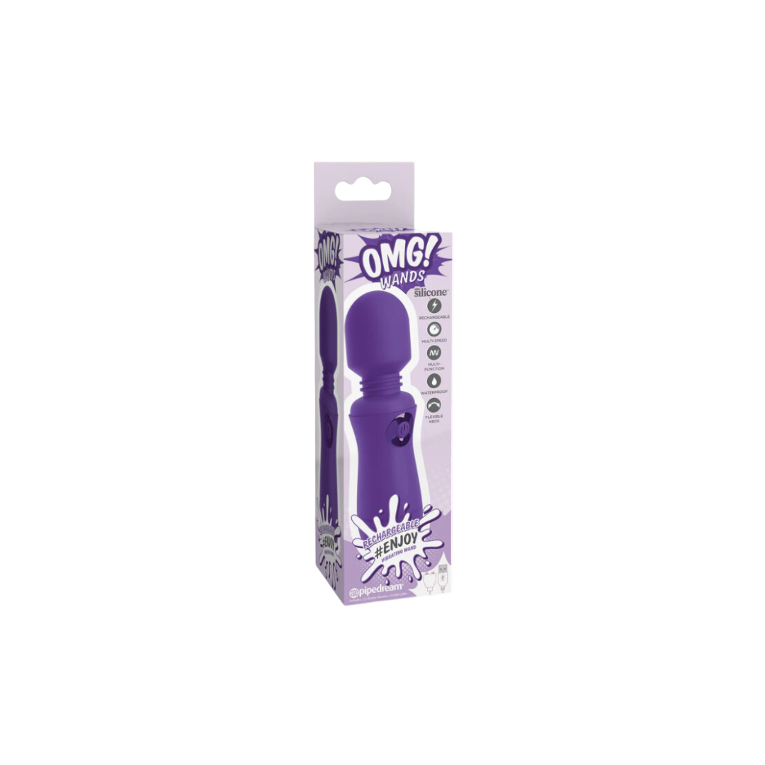 A purple OMG Rechargeable Wand in its packaging, which highlights its features such as 7 vibration patterns, a flexible neck, and waterproof design.