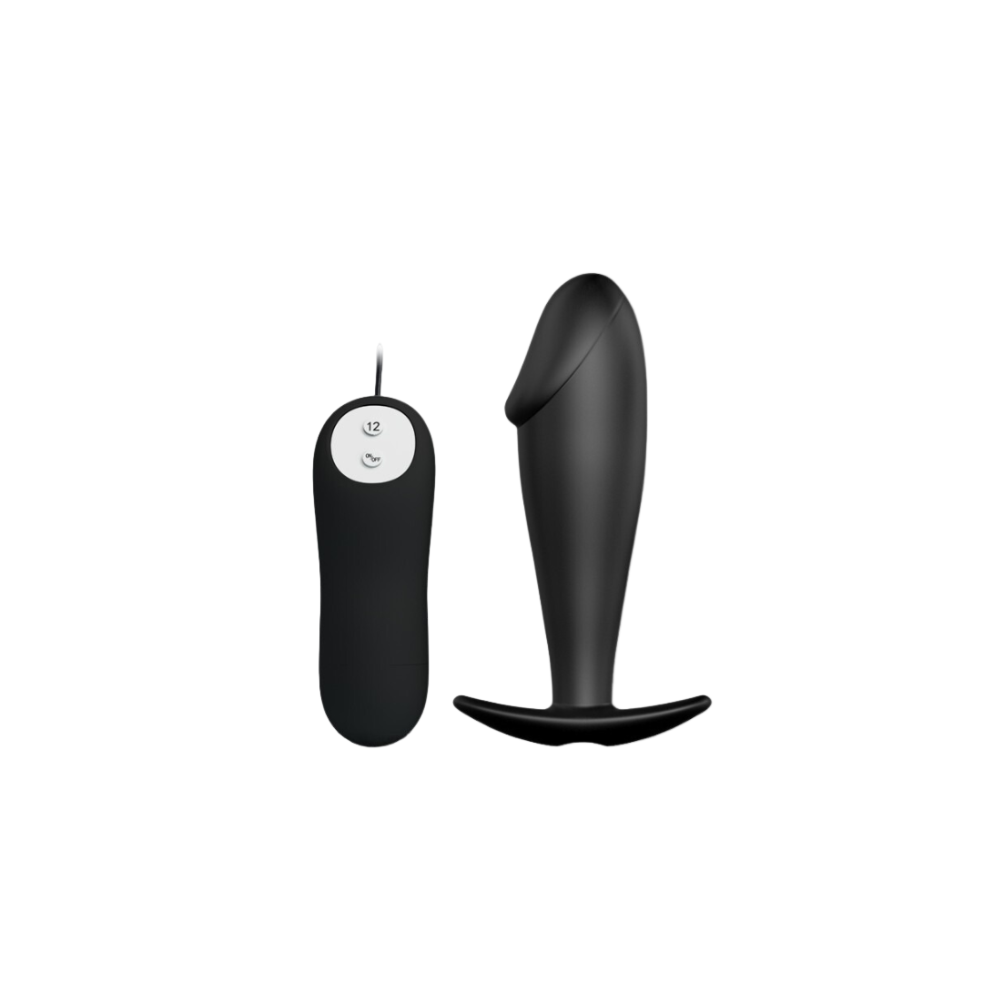 A black vibrating anal plug with a tapered tip and a flared base, alongside a black wireless remote control.