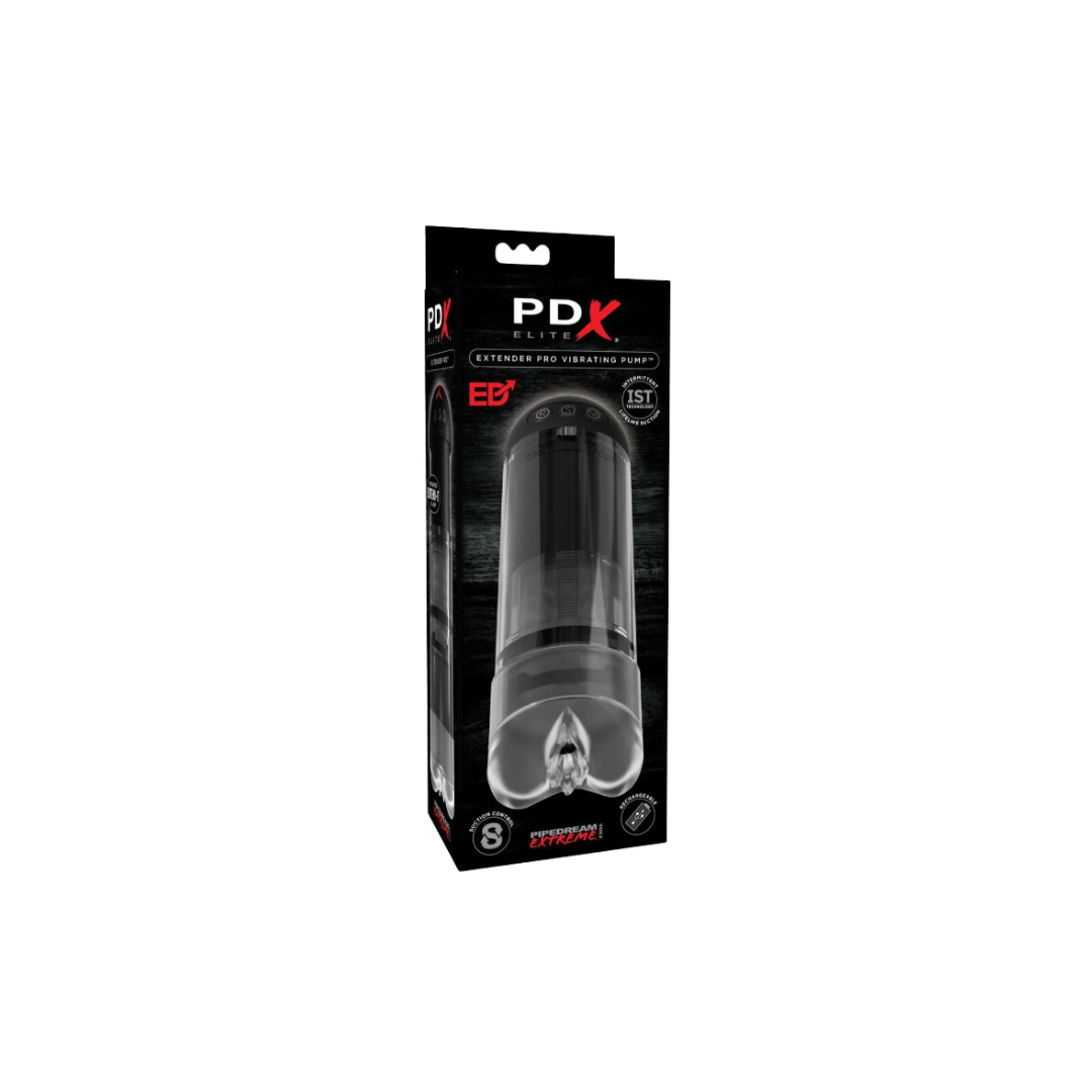 The product image shows the PDX Elite Extender Pro Vibrating Pump in its packaging. The packaging is predominantly black with some red and white accents, highlighting the product's features such as 'Extendable Tube', 'Lifelike Intermittent Suction', and 'Powerful Vibrations'.