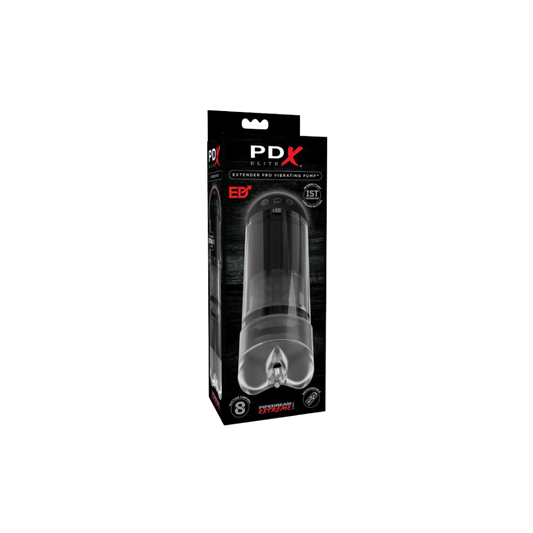 The product image shows the PDX Elite Extender Pro Vibrating Pump in its packaging. The packaging is predominantly black with some red and white accents, highlighting the product's features such as 'Extendable Tube', 'Lifelike Intermittent Suction', and 'Powerful Vibrations'.