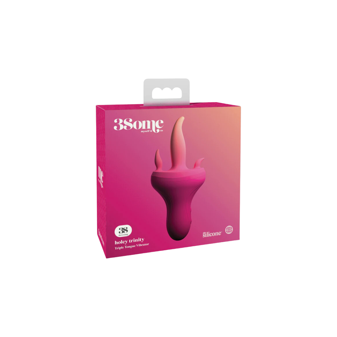 The product is packaged in a pink box with a graphic of the device, which is designed for triple stimulation. The packaging highlights features like '3-Way Stimulation', 'Powerful Vibration', and 'Dual Oscillating Tongues'.