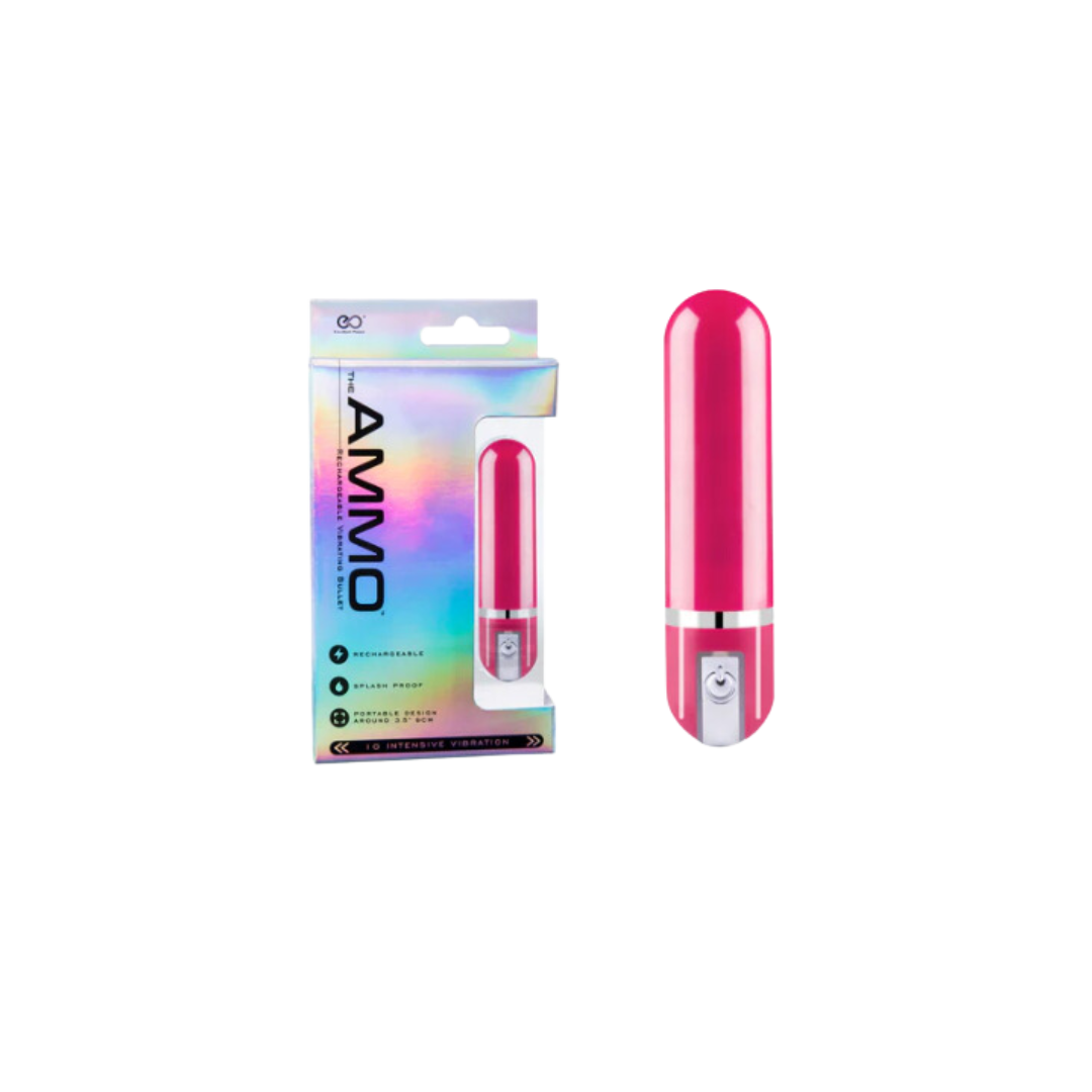 Three sleek, cylindrical vibrators in black, pink, and purple, each with a metallic band near the base and a power button on the front.