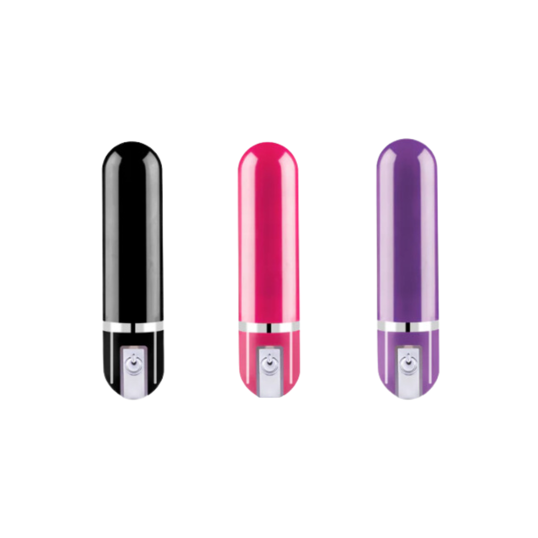 Three sleek, cylindrical vibrators in black, pink, and purple, each with a metallic band near the base and a power button on the front.