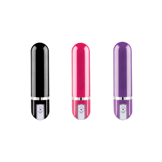 Three sleek, cylindrical vibrators in black, pink, and purple, each with a metallic band near the base and a power button on the front.