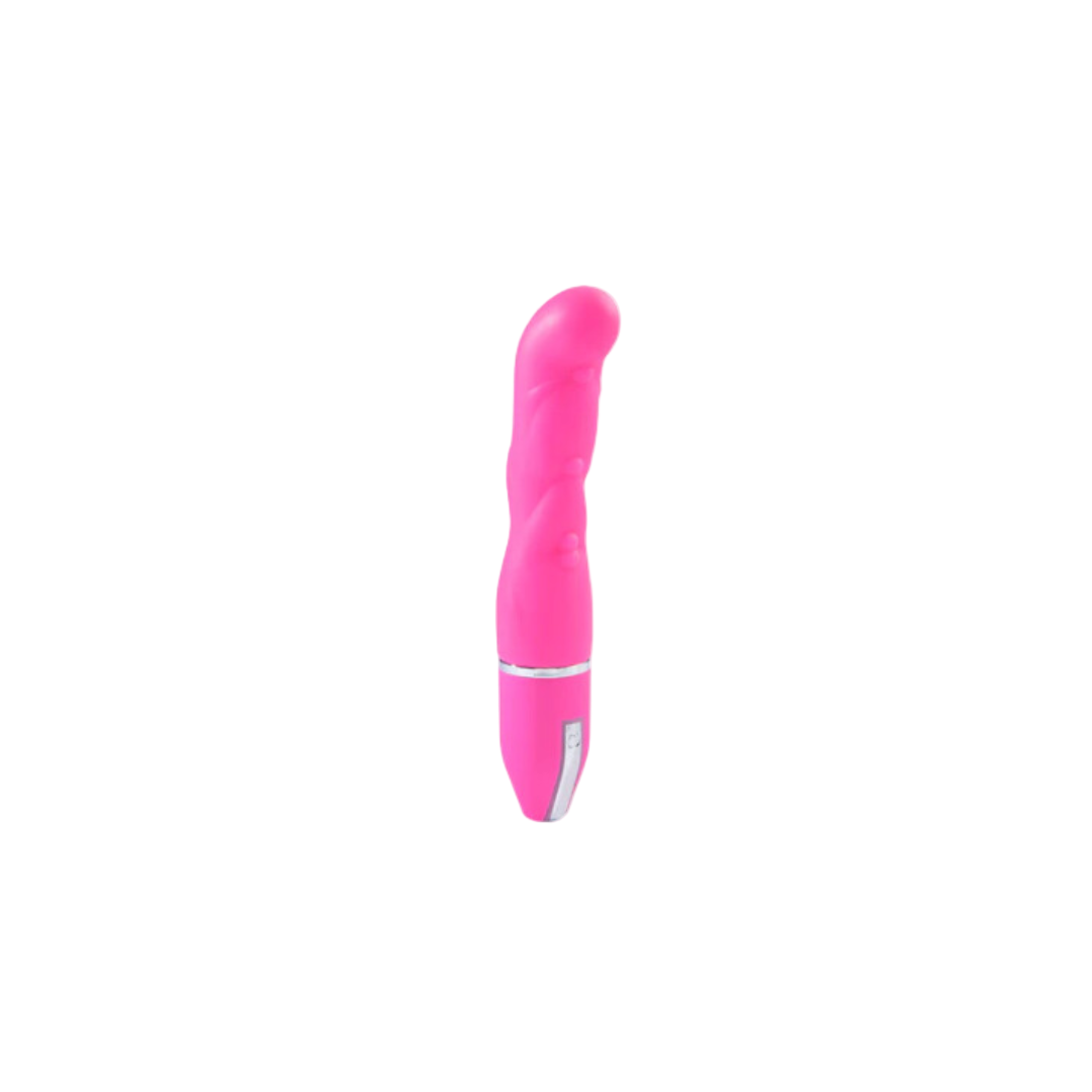 A pink, 6-inch bendable vibrator with a sleek and compact design. The device features a smooth, curved shaft and a small, metallic accent near the base.