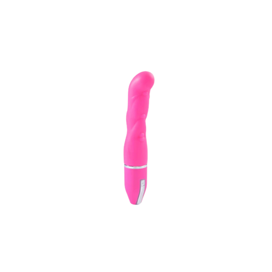 A pink, 6-inch bendable vibrator with a sleek and compact design. The device features a smooth, curved shaft and a small, metallic accent near the base.