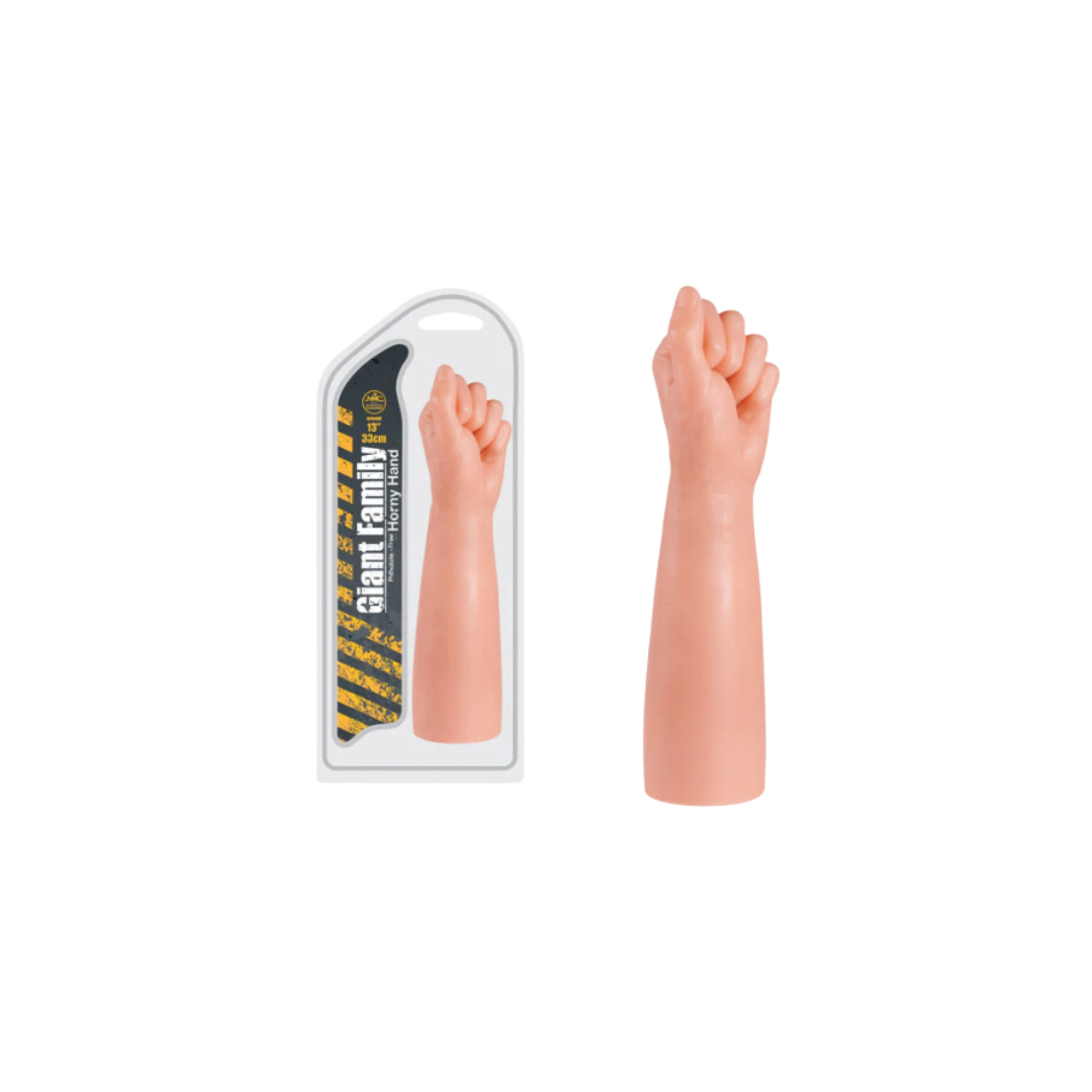 A realistic, flesh-colored dildo with a prominent fist-like design, packaged in a clear plastic case with a yellow and black striped background. The product is marked with the text 'GIANT FAMILY FIST'.