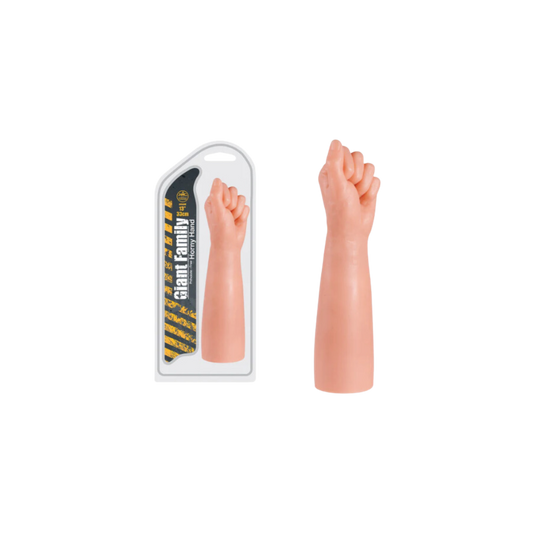 A realistic, flesh-colored dildo with a prominent fist-like design, packaged in a clear plastic case with a yellow and black striped background. The product is marked with the text 'GIANT FAMILY FIST'.