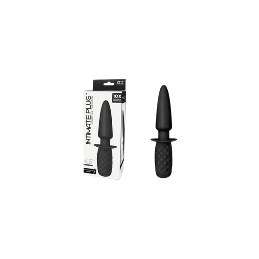 The product image shows a black Intimate Plug with a handle, packaged in a white box with the brand name 'Sultry Passions' displayed. The packaging highlights the product's features, including 10 vibration functions, rechargeable design, and silicone material.