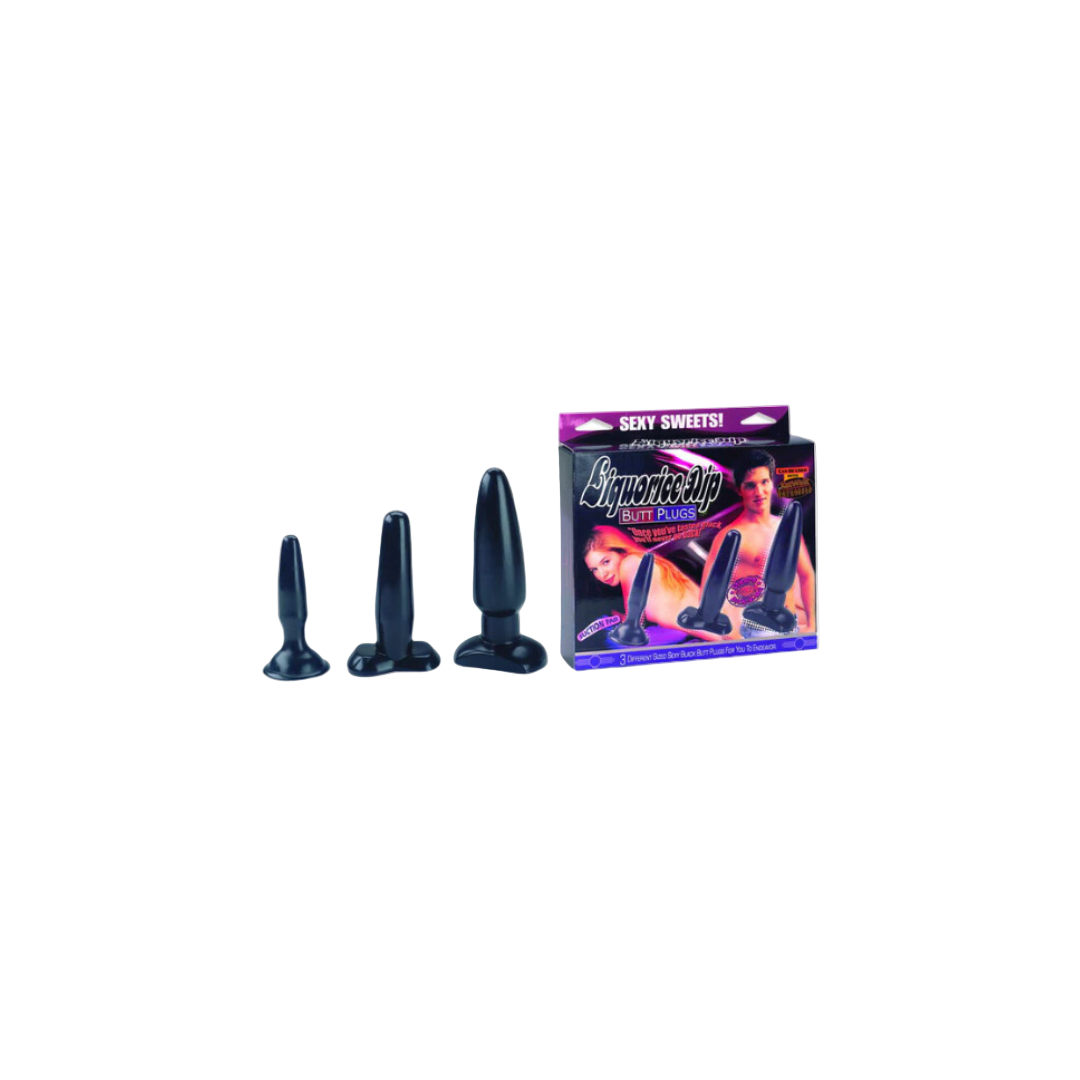 The image shows a box and three anal sex toys in a liquorice color, with the product packaging highlighting the different sizes of the plugs and the brand's name.