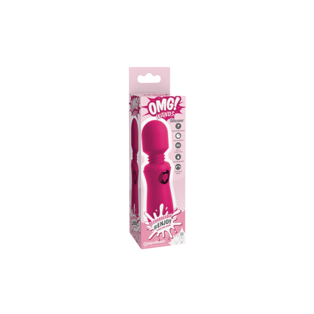 A pink OMG Rechargeable Wand in its packaging, which highlights its features such as 7 vibration patterns, a flexible neck, and waterproof design.