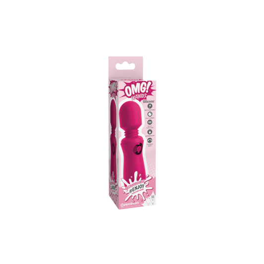 A pink OMG Rechargeable Wand in its packaging, which highlights its features such as 7 vibration patterns, a flexible neck, and waterproof design.
