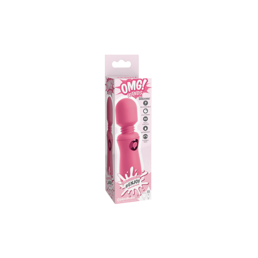 A pink OMG Rechargeable Wand in its packaging, which highlights its features such as 7 vibration patterns, a flexible neck, and waterproof design.