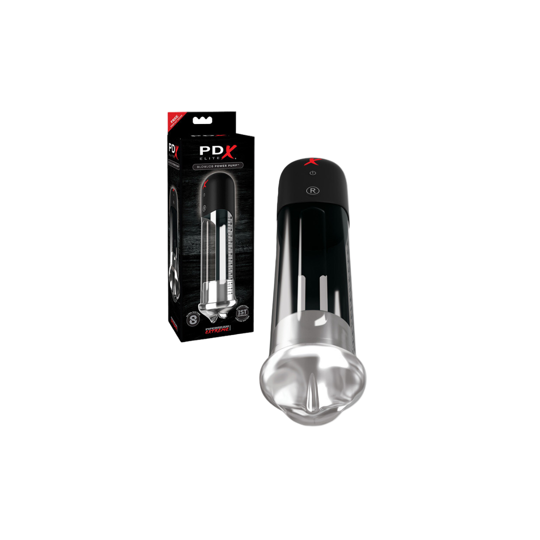 The product image shows the PDX Elite Blowjob Power Pump, a black cylindrical device with a clear tube on one end and an oral topper. It is displayed next to its packaging, which bears the product name and branding.