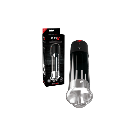 The product image shows the PDX Elite Blowjob Power Pump, a black cylindrical device with a clear tube on one end and an oral topper. It is displayed next to its packaging, which bears the product name and branding.