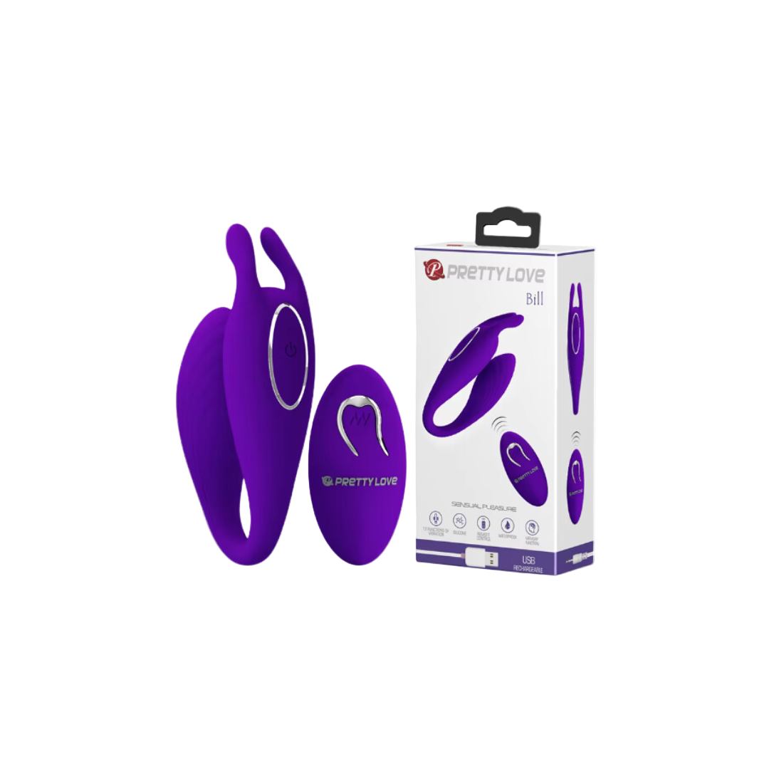 The image shows a purple and white couples toy with a sleek, modern design. The product is displayed alongside its packaging, which also features the product in a clear view.