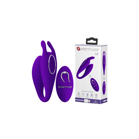 The image shows a purple and white couples toy with a sleek, modern design. The product is displayed alongside its packaging, which also features the product in a clear view.