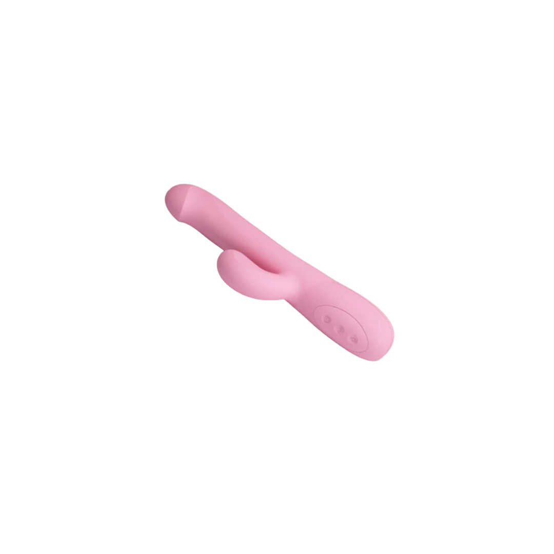 A pink rabbit vibrator with a curved shaft and an additional stimulator, featuring a series of buttons on the base for control.