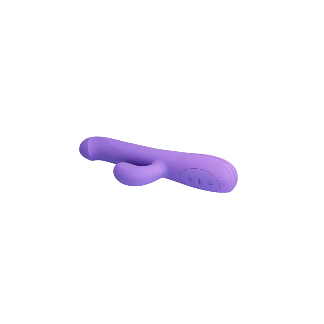 A purple rabbit vibrator with a curved shaft and an additional stimulator, featuring a series of buttons on the base for control.