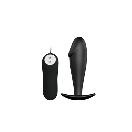 A black vibrating anal plug with a tapered tip and a flared base, alongside a black wireless remote control.