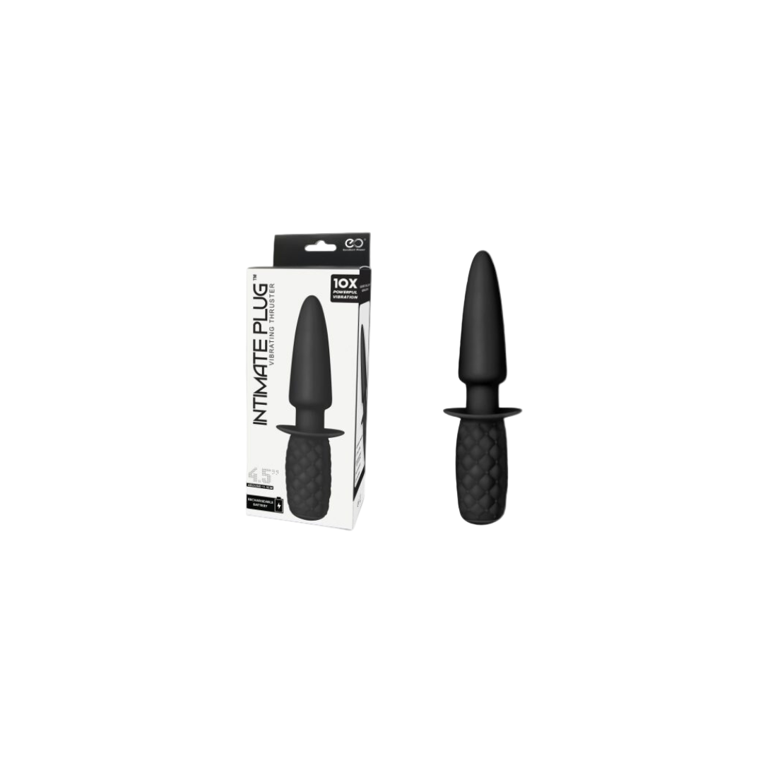 The product image shows a black Intimate Plug with a handle, packaged in a white box with the brand name 'Sultry Passions' displayed. The packaging highlights the product's features, including 10 vibration functions, rechargeable design, and silicone material.